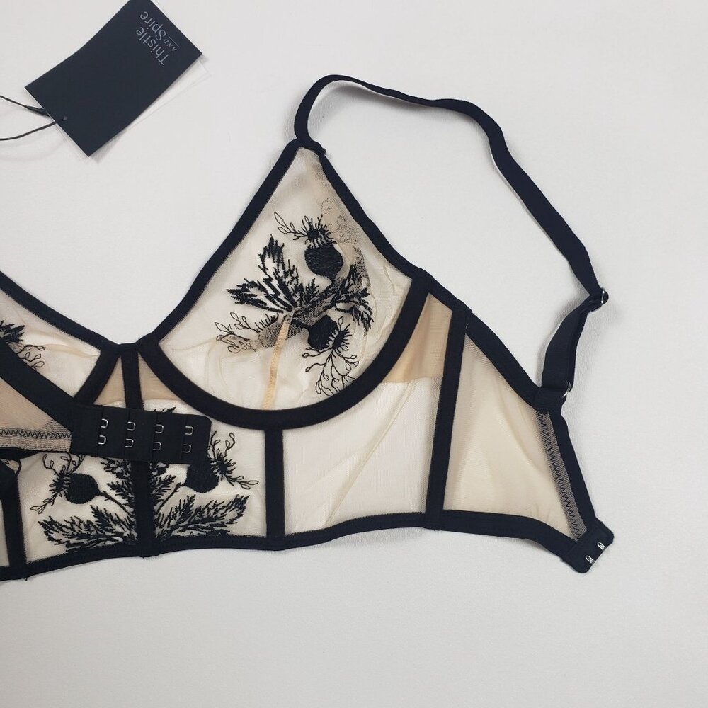 Thistle and Spire Verona Embroidered Longline Bra Women's 32DD Black Nude Mesh - Picture 13 of 16
